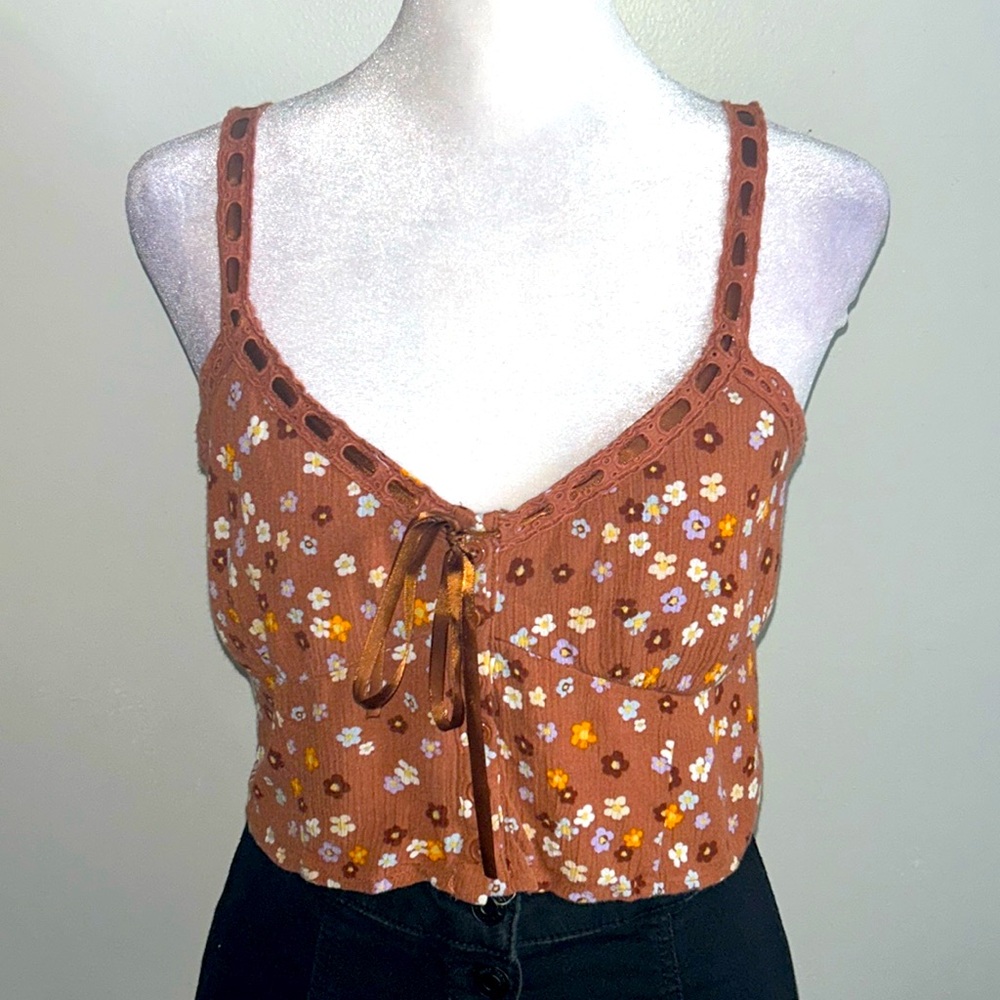 PacSun LA Hearts Bustier Crop Tank Top Brown Hobo Floral Print Festival Summer